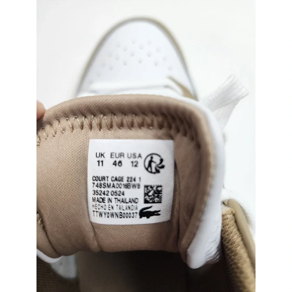 Lacoste Court Cage 224 1 Mens White Tan Leather Sneakers 748SMA0016BW8 Size 12